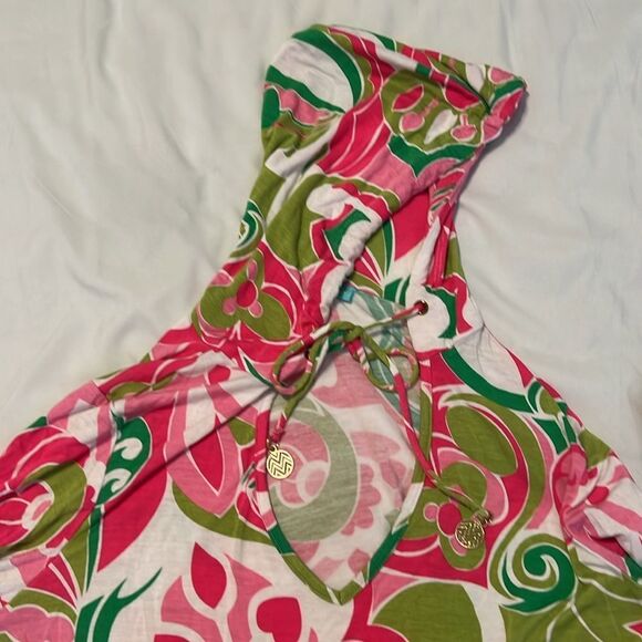 Beach Candie szS pink green white print drawstring hoodie with pockets EUC - Picture 8 of 14